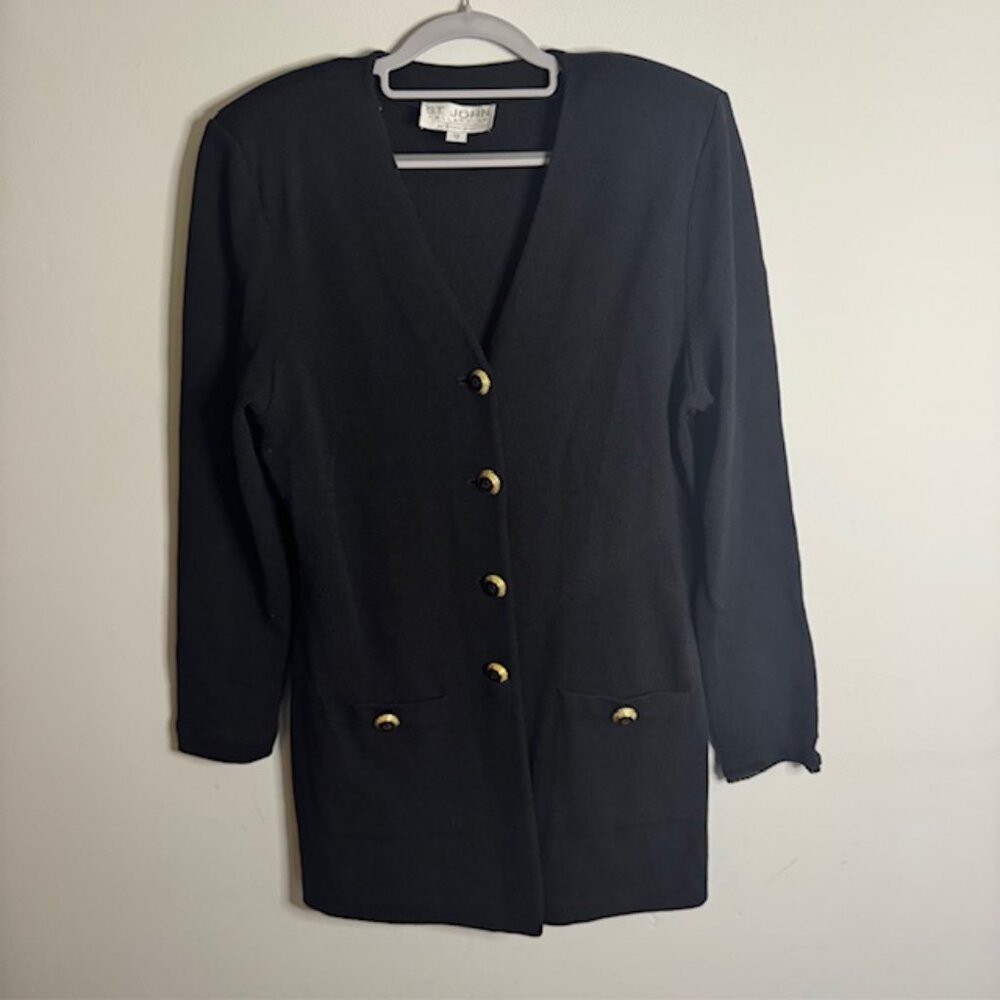 St. John By Marie Gray Long Black Button Front Cardigan Sweater Gold Buttons